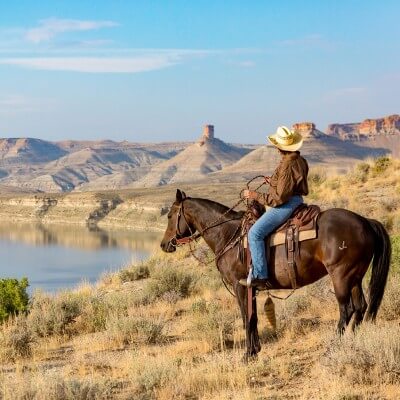 Man riding horse outside